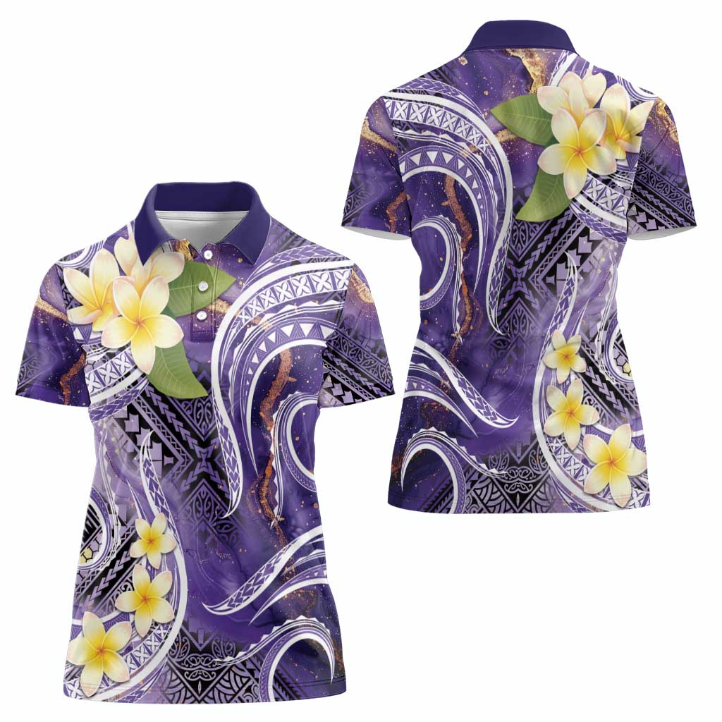 Polynesian Tribal Tattoo Women Polo Shirt Plumeria Purple Marble Pattern