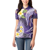 Polynesian Tribal Tattoo Women Polo Shirt Plumeria Purple Marble Pattern