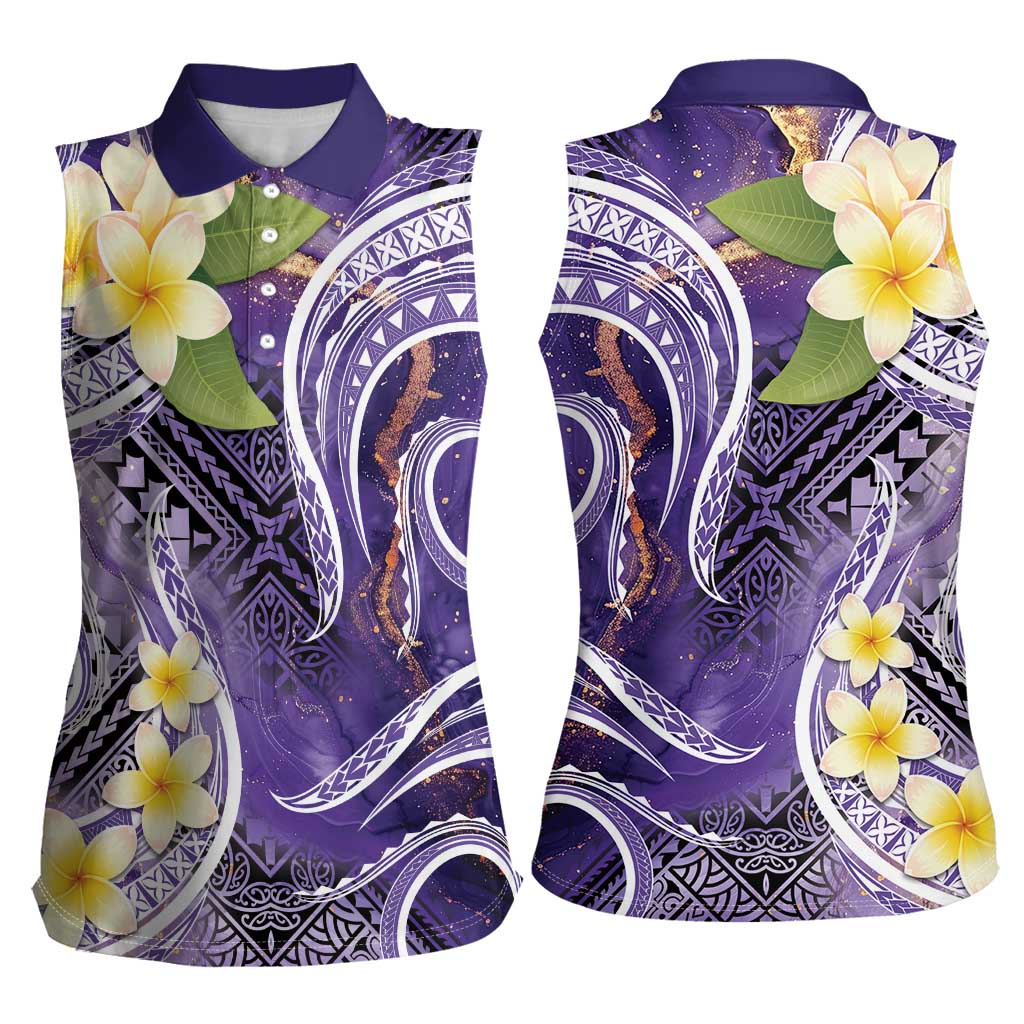 Polynesian Tribal Tattoo Women Sleeveless Polo Shirt Plumeria Purple Marble Pattern