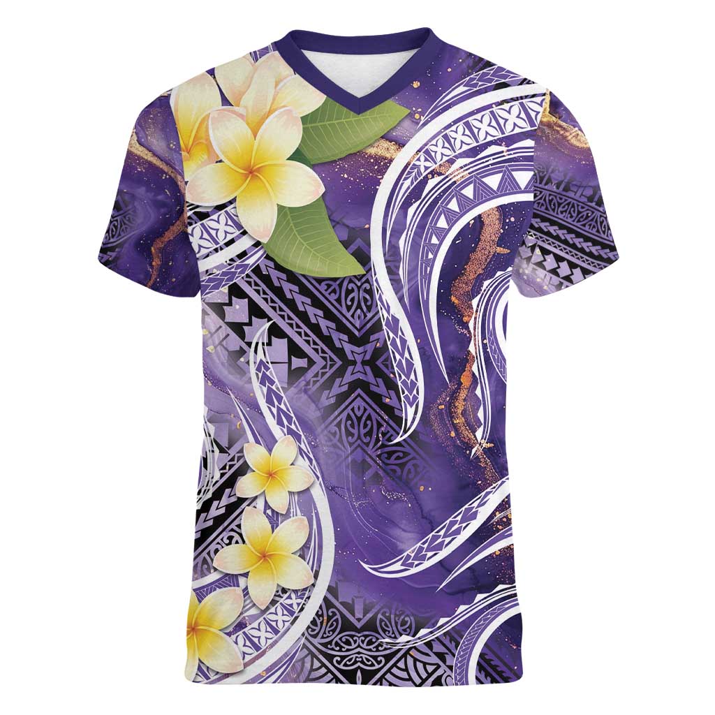 Polynesian Tribal Tattoo Women V-Neck T-Shirt Plumeria Purple Marble Pattern