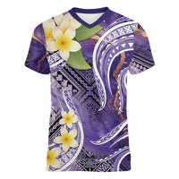 Polynesian Tribal Tattoo Women V-Neck T-Shirt Plumeria Purple Marble Pattern
