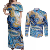 Polynesian Tribal Tattoo Couples Matching Off Shoulder Maxi Dress and Long Sleeve Button Shirt Swirling Ocean Marble Pattern