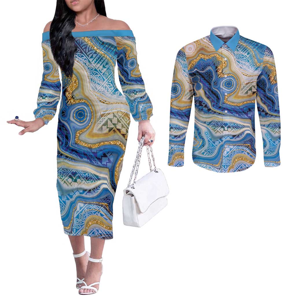 Polynesian Tribal Tattoo Couples Matching Off The Shoulder Long Sleeve Dress and Long Sleeve Button Shirt Swirling Ocean Marble Pattern