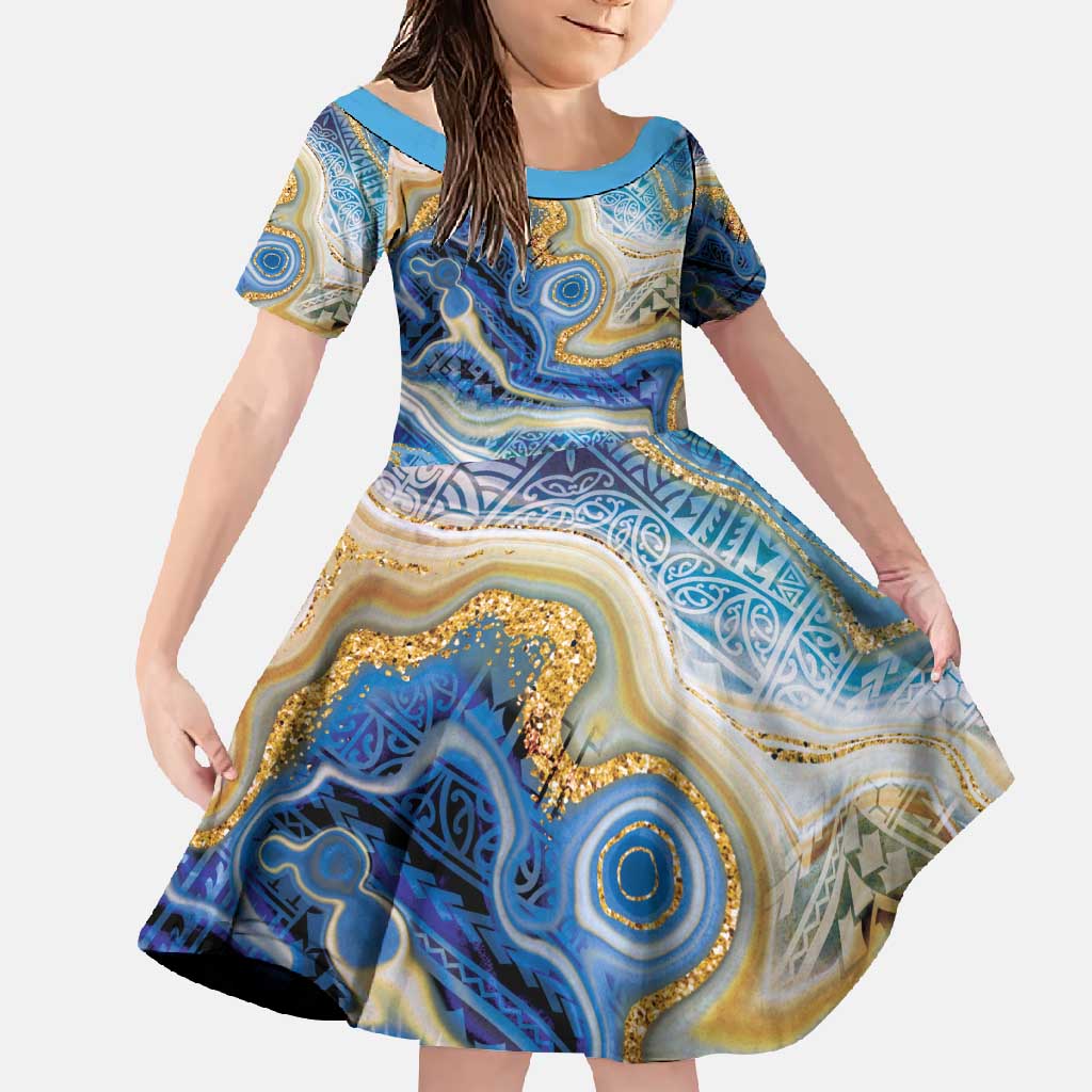 Polynesian Tribal Tattoo Family Matching Long Sleeve Bodycon Dress and Hawaiian Shirt Swirling Ocean Marble Pattern LT9 Daughter's Dress Ocean - Polynesian Pride