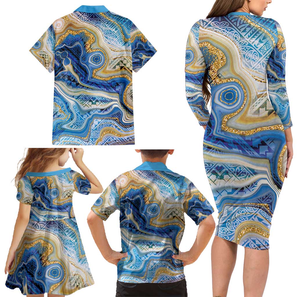 Polynesian Tribal Tattoo Family Matching Long Sleeve Bodycon Dress and Hawaiian Shirt Swirling Ocean Marble Pattern LT9 - Polynesian Pride