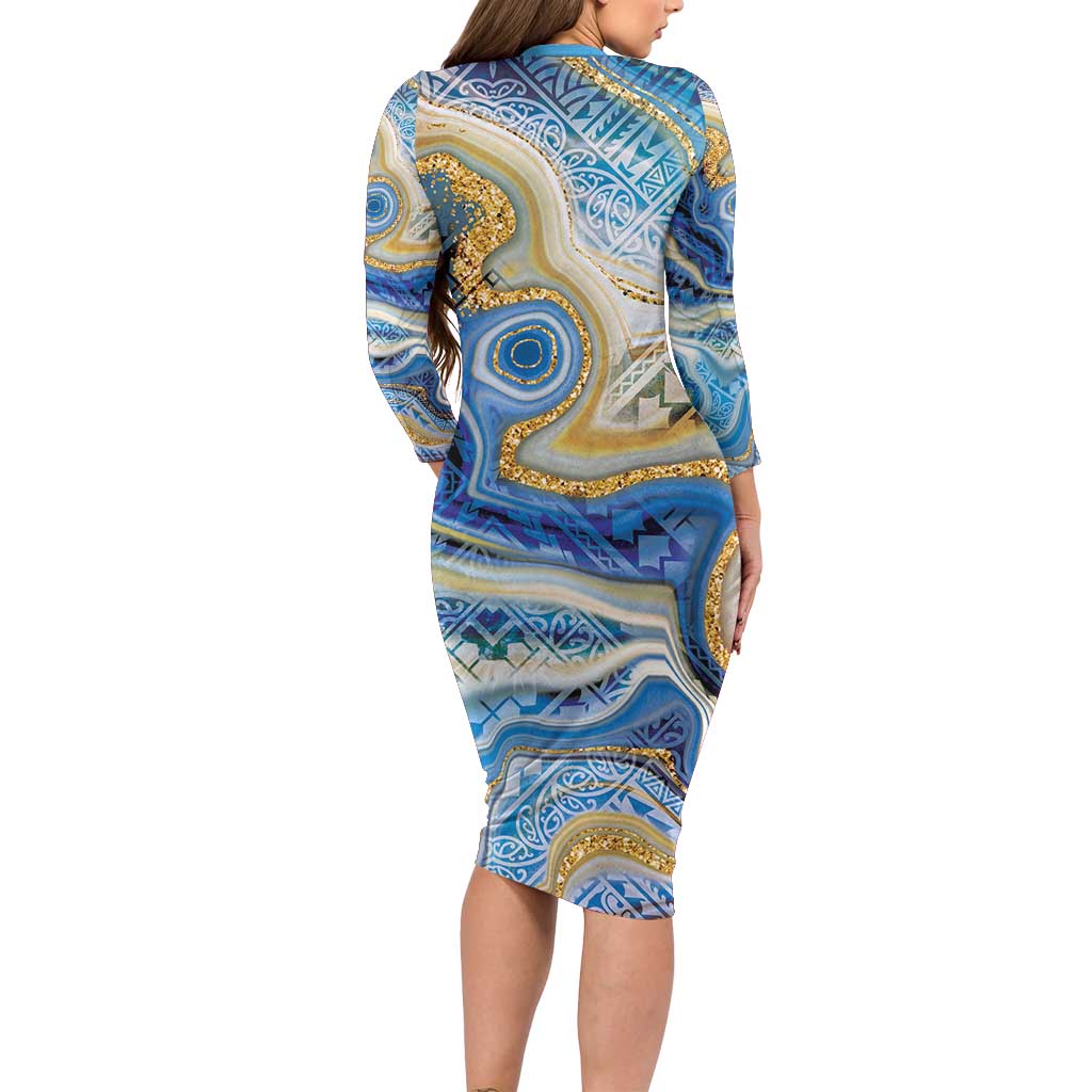 Polynesian Tribal Tattoo Family Matching Long Sleeve Bodycon Dress and Hawaiian Shirt Swirling Ocean Marble Pattern LT9 - Polynesian Pride