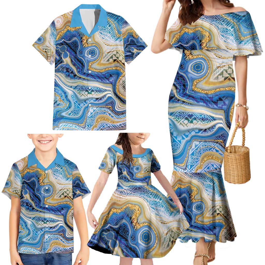 Polynesian Tribal Tattoo Family Matching Mermaid Dress and Hawaiian Shirt Swirling Ocean Marble Pattern LT9 - Polynesian Pride