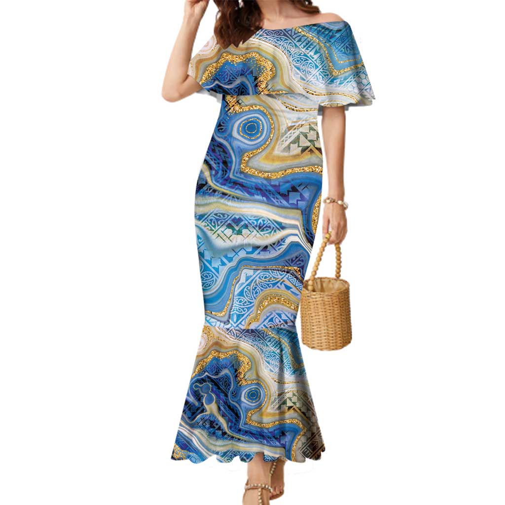 Polynesian Tribal Tattoo Family Matching Mermaid Dress and Hawaiian Shirt Swirling Ocean Marble Pattern