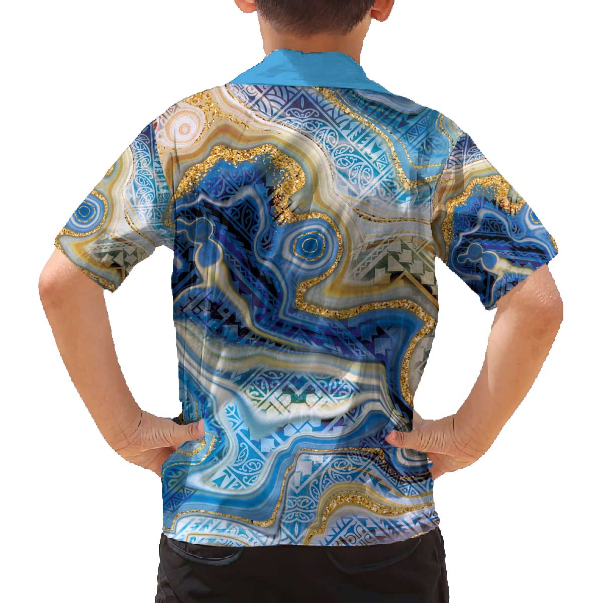 Polynesian Tribal Tattoo Family Matching Off The Shoulder Long Sleeve Dress and Hawaiian Shirt Swirling Ocean Marble Pattern LT9 - Polynesian Pride
