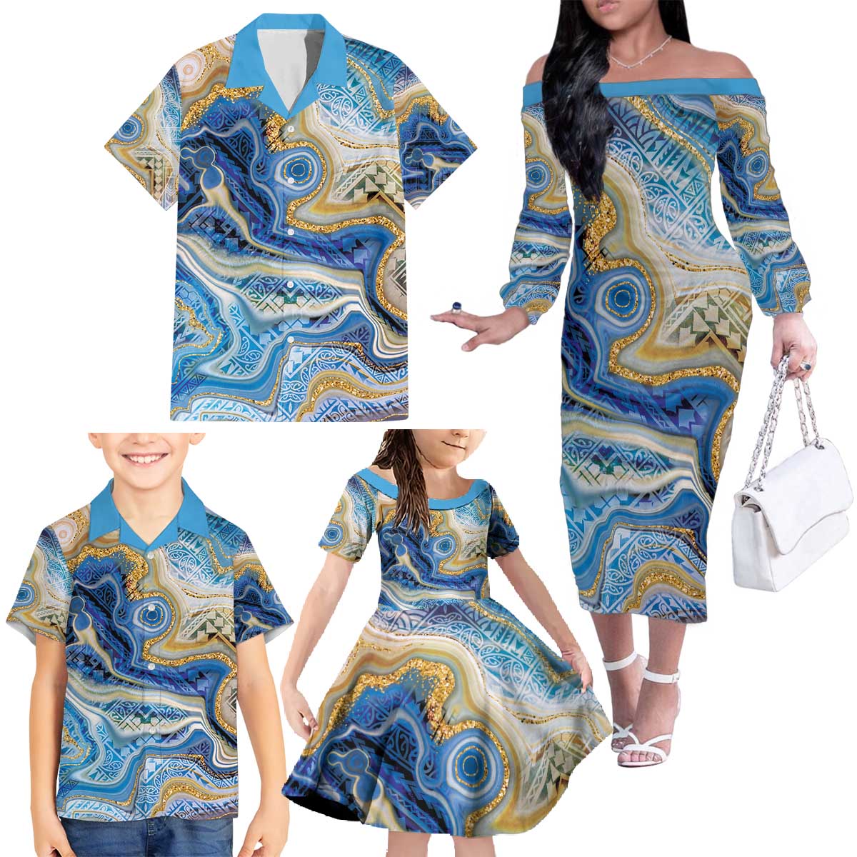 Polynesian Tribal Tattoo Family Matching Off The Shoulder Long Sleeve Dress and Hawaiian Shirt Swirling Ocean Marble Pattern LT9 Ocean - Polynesian Pride