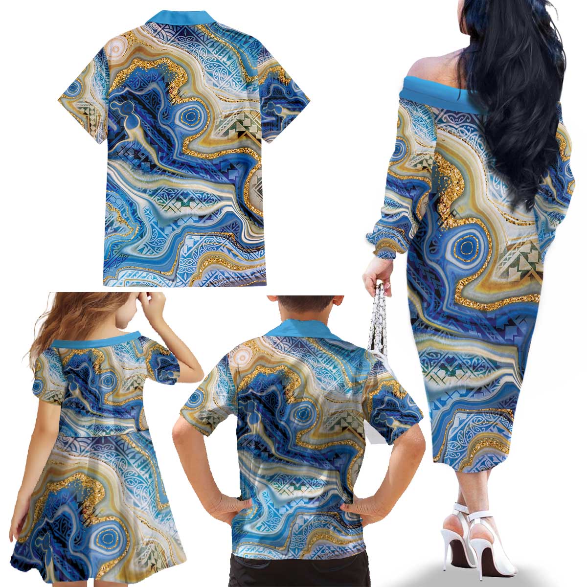 Polynesian Tribal Tattoo Family Matching Off The Shoulder Long Sleeve Dress and Hawaiian Shirt Swirling Ocean Marble Pattern LT9 - Polynesian Pride