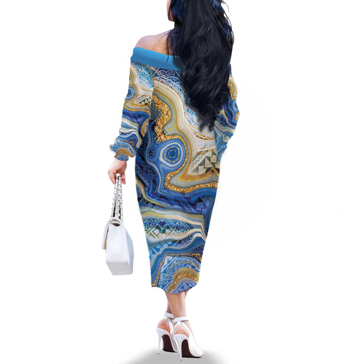 Polynesian Tribal Tattoo Family Matching Off The Shoulder Long Sleeve Dress and Hawaiian Shirt Swirling Ocean Marble Pattern LT9 - Polynesian Pride