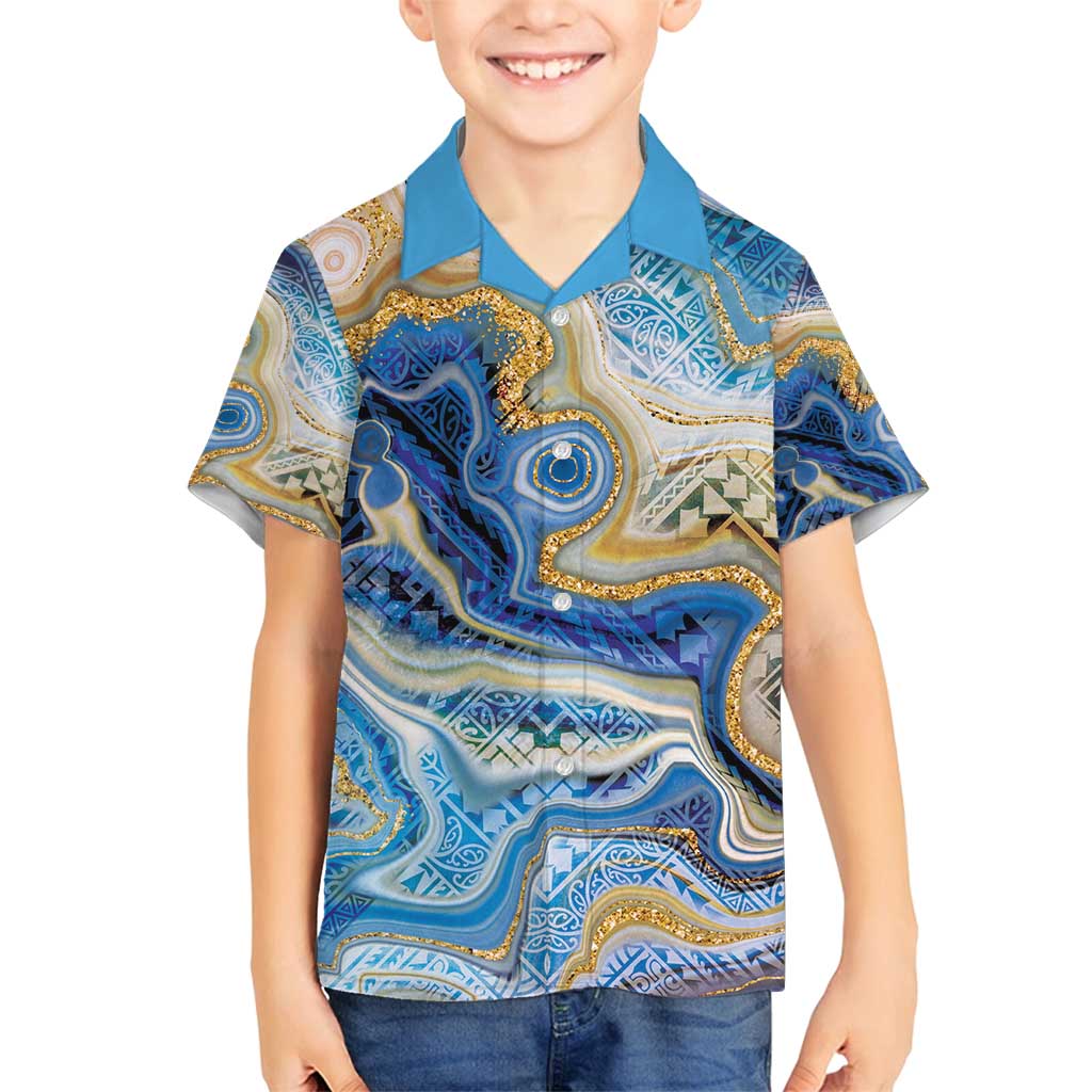 Polynesian Tribal Tattoo Family Matching Off Shoulder Maxi Dress and Hawaiian Shirt Swirling Ocean Marble Pattern