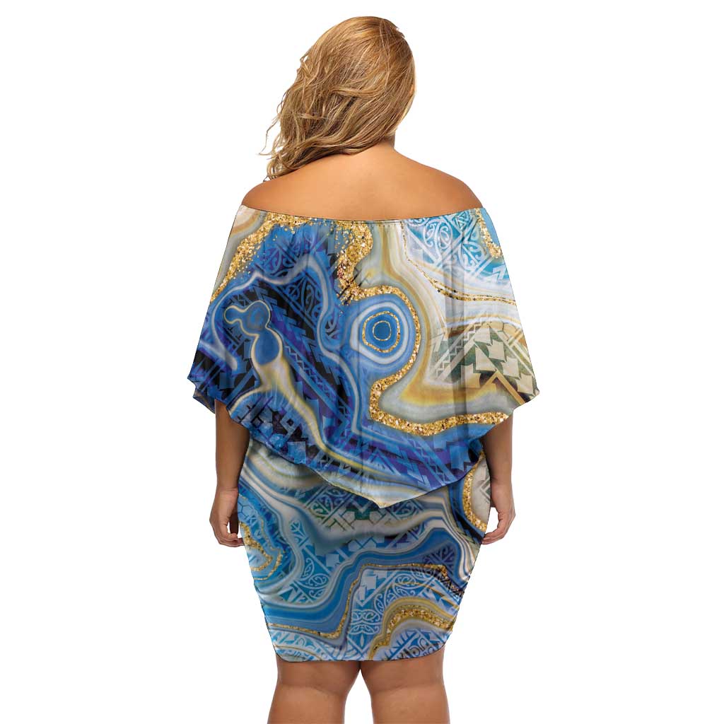 Polynesian Tribal Tattoo Family Matching Off Shoulder Short Dress and Hawaiian Shirt Swirling Ocean Marble Pattern