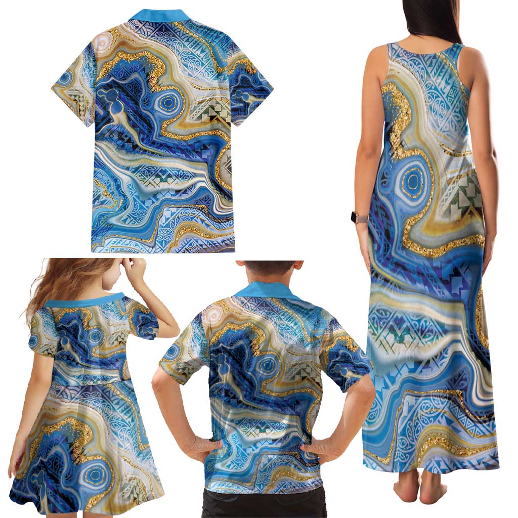 Polynesian Tribal Tattoo Family Matching Tank Maxi Dress and Hawaiian Shirt Swirling Ocean Marble Pattern