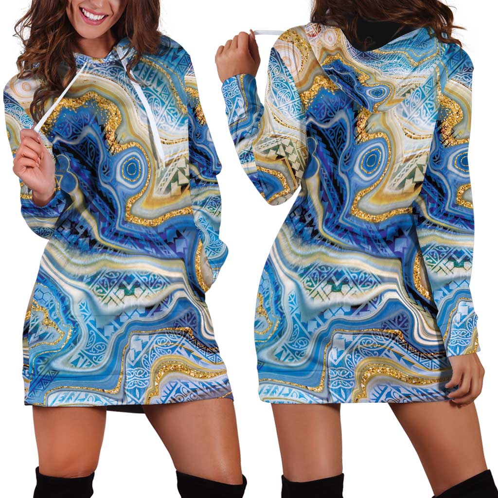 Polynesian Tribal Tattoo Hoodie Dress Swirling Ocean Marble Pattern