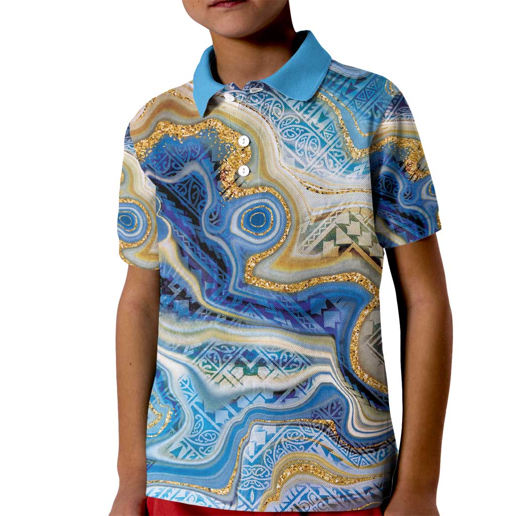 Polynesian Tribal Tattoo Kid Polo Shirt Swirling Ocean Marble Pattern