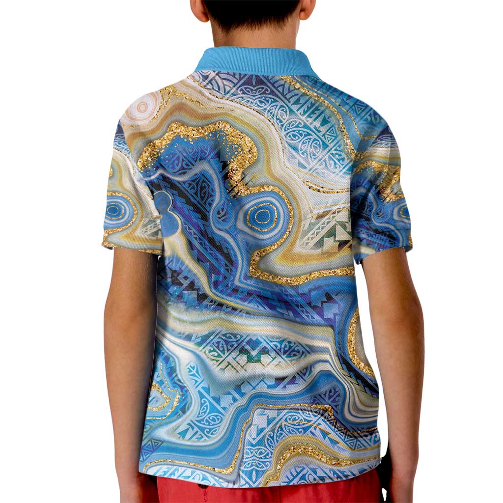 Polynesian Tribal Tattoo Kid Polo Shirt Swirling Ocean Marble Pattern