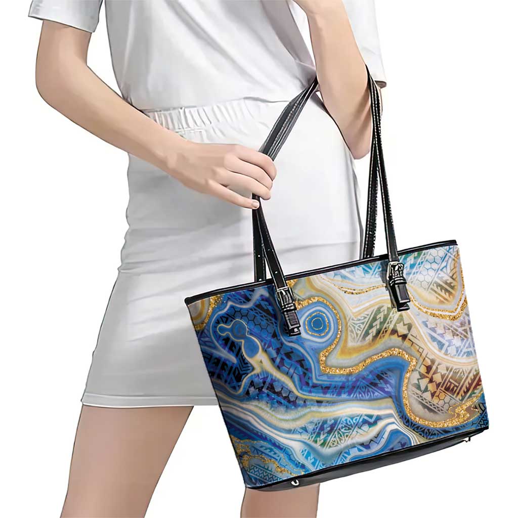 Polynesian Tribal Tattoo Leather Tote Bag Swirling Ocean Marble Pattern