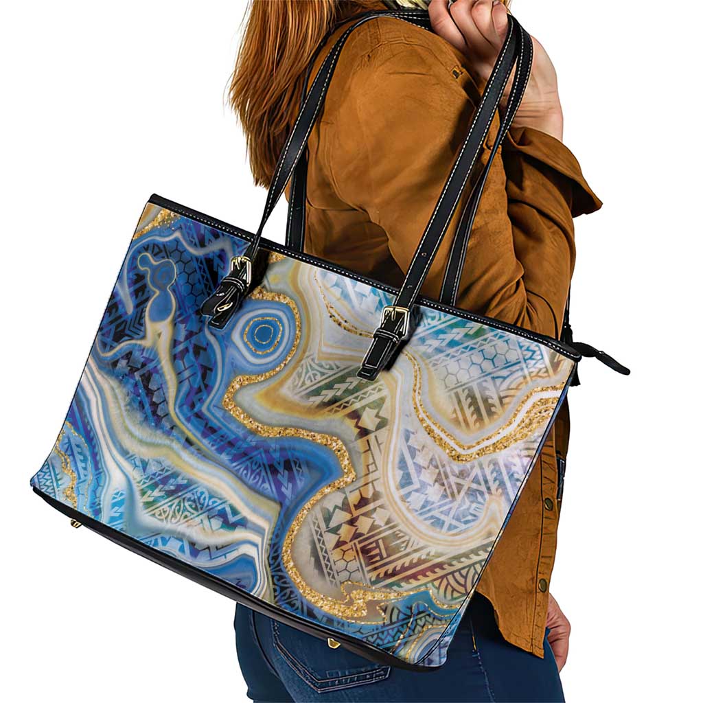 Polynesian Tribal Tattoo Leather Tote Bag Swirling Ocean Marble Pattern
