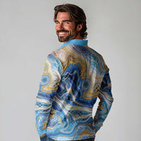 Polynesian Tribal Tattoo Long Sleeve Polo Shirt Swirling Ocean Marble Pattern