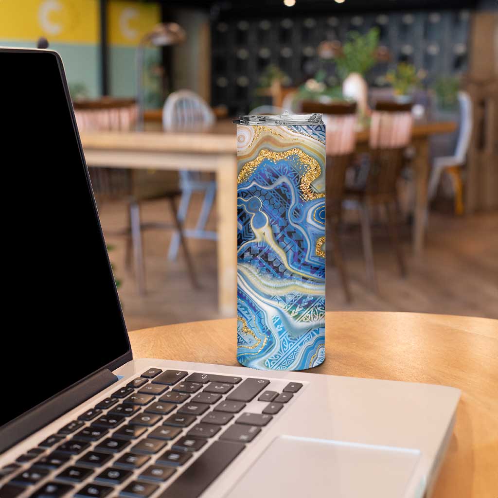 Polynesian Tribal Tattoo Skinny Tumbler Swirling Ocean Marble Pattern