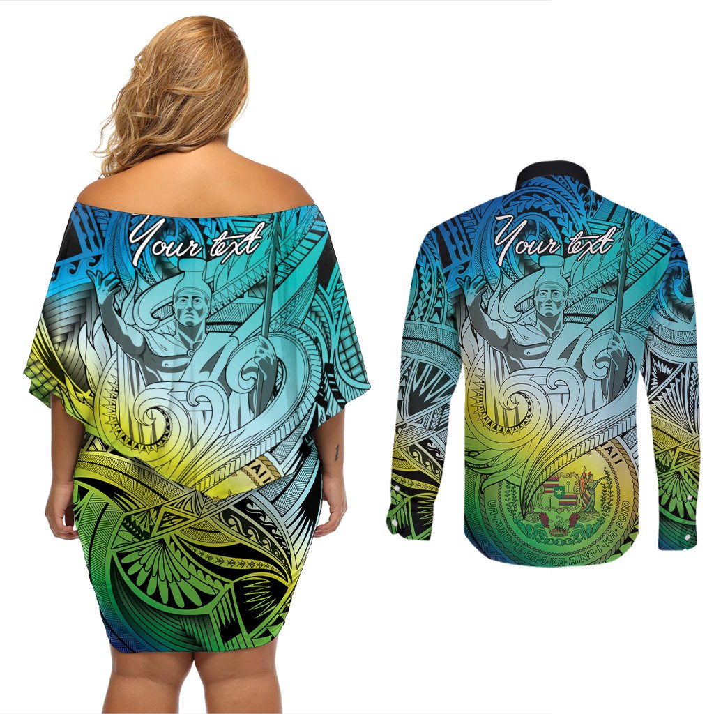 Personalised Aloha King Kamehameha Spirits Couples Matching Off Shoulder Short Dress and Long Sleeve Button Shirt Art Special LT9 - Polynesian Pride