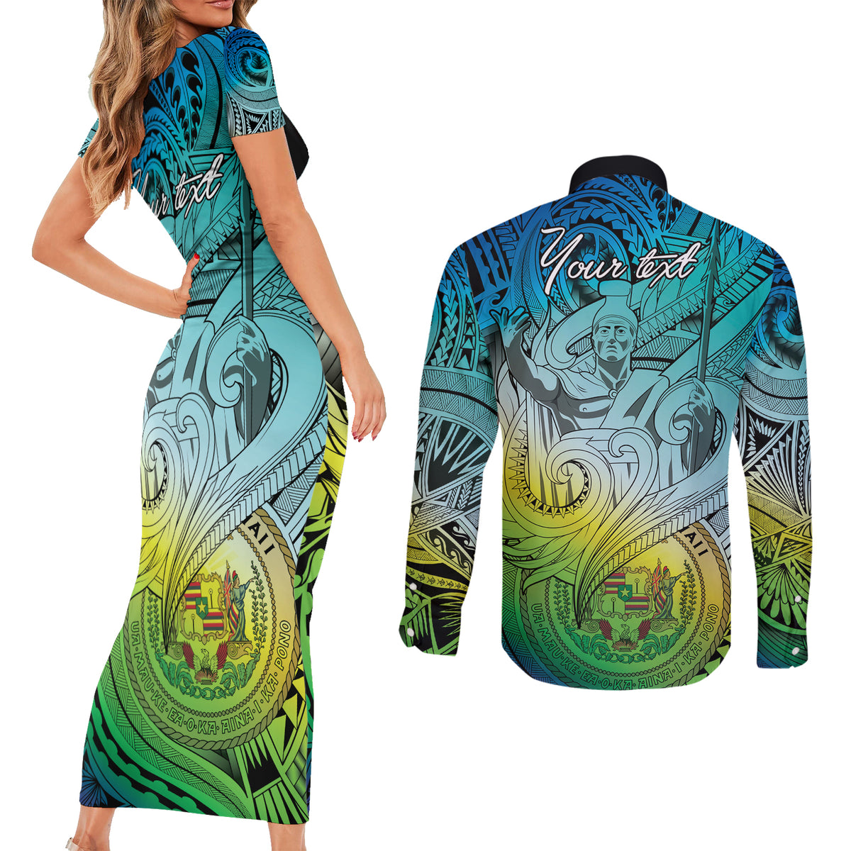 Personalised Aloha King Kamehameha Spirits Couples Matching Short Sleeve Bodycon Dress and Long Sleeve Button Shirt Art Special LT9 - Polynesian Pride