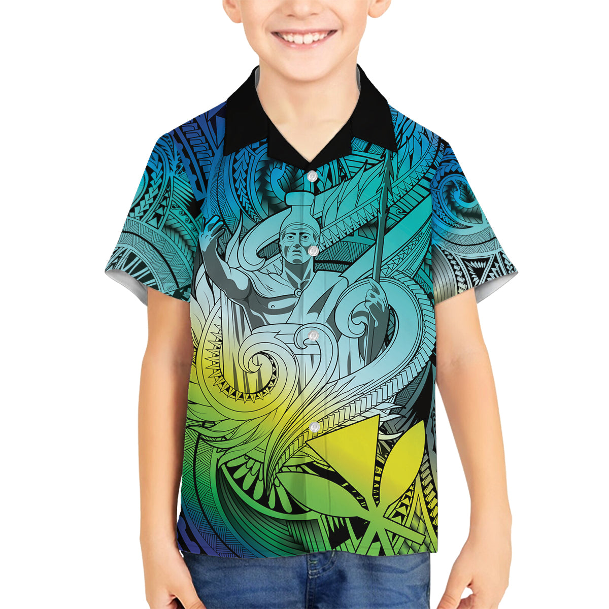Personalised Aloha King Kamehameha Spirits Family Matching Off Shoulder Long Sleeve Dress and Hawaiian Shirt Art Special LT9 Son's Shirt Art - Polynesian Pride