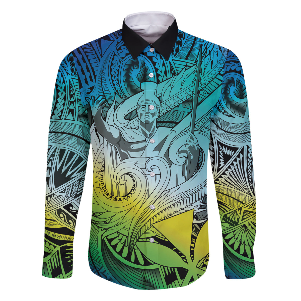 Personalised Aloha King Kamehameha Spirits Family Matching Off Shoulder Maxi Dress and Hawaiian Shirt Art Special LT9 Dad's Shirt - Long Sleeve Art - Polynesian Pride