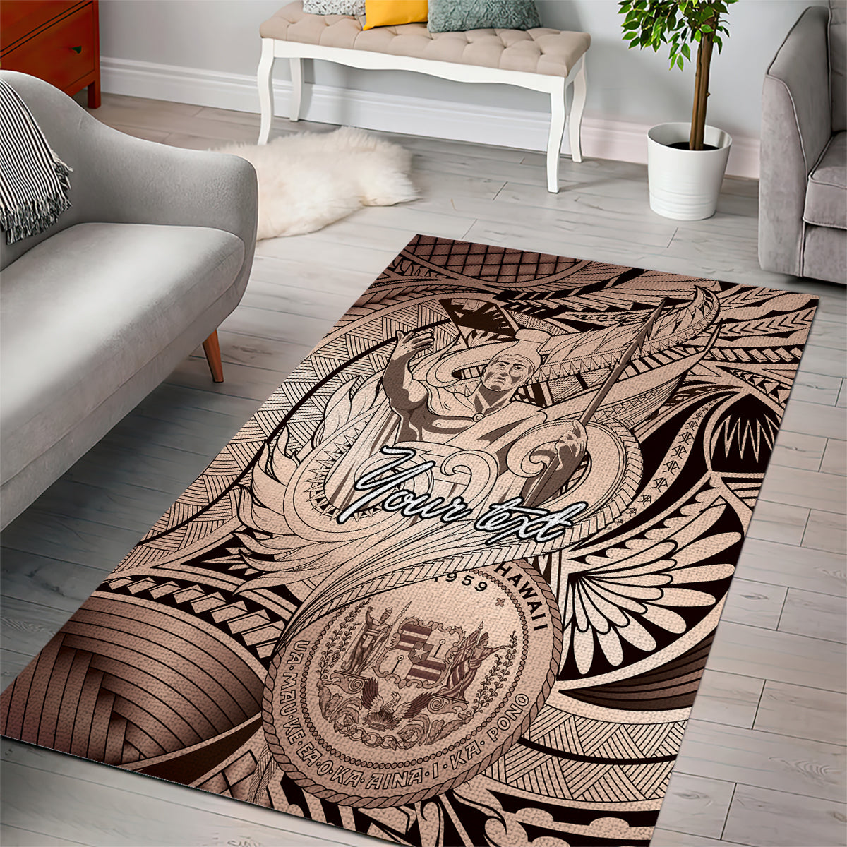 Personalised Aloha King Kamehameha Spirits Area Rug Beige Special LT9 - Polynesian Pride