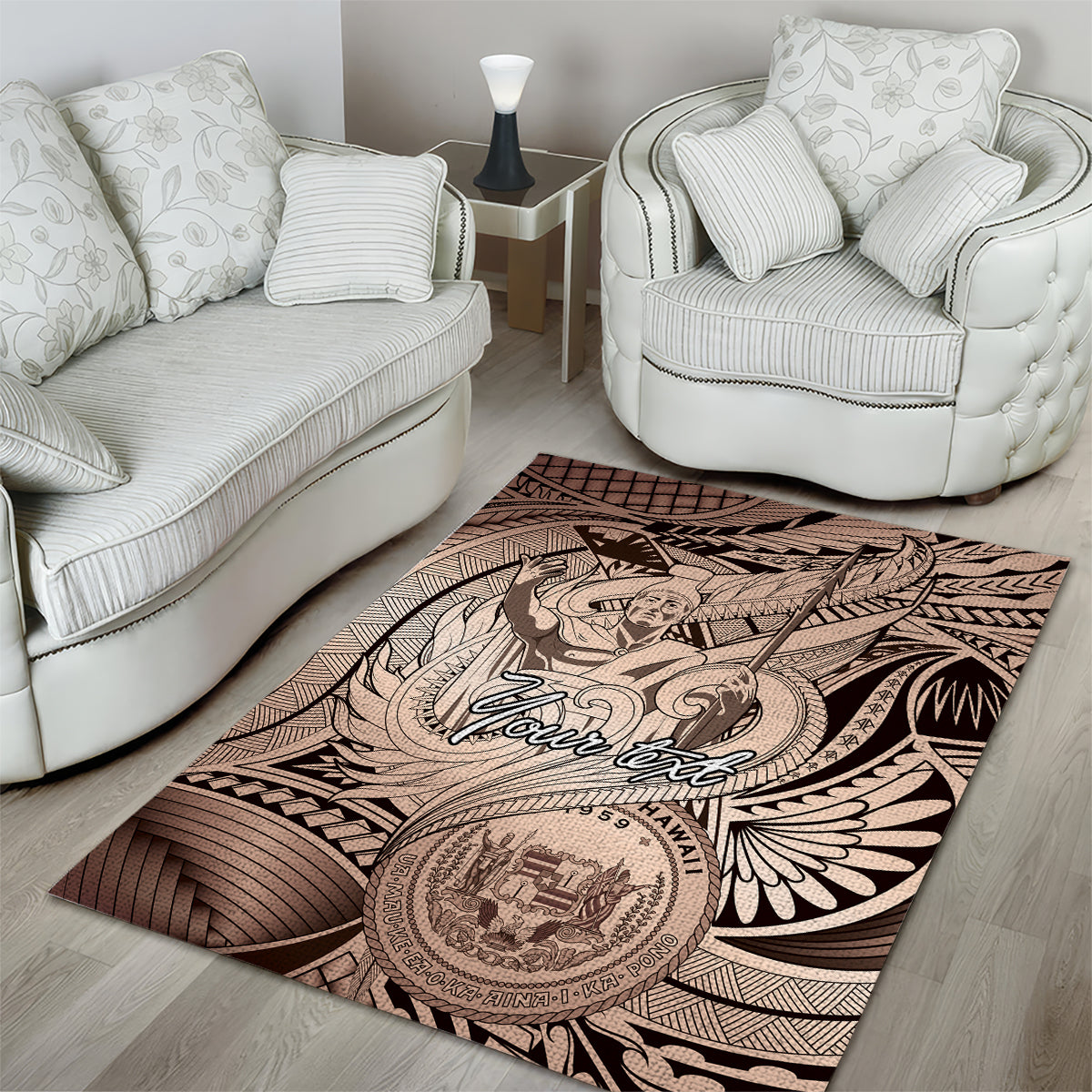 Personalised Aloha King Kamehameha Spirits Area Rug Beige Special LT9 - Polynesian Pride