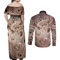 Personalised Aloha King Kamehameha Spirits Couples Matching Off Shoulder Maxi Dress and Long Sleeve Button Shirt Beige Special LT9 - Polynesian Pride