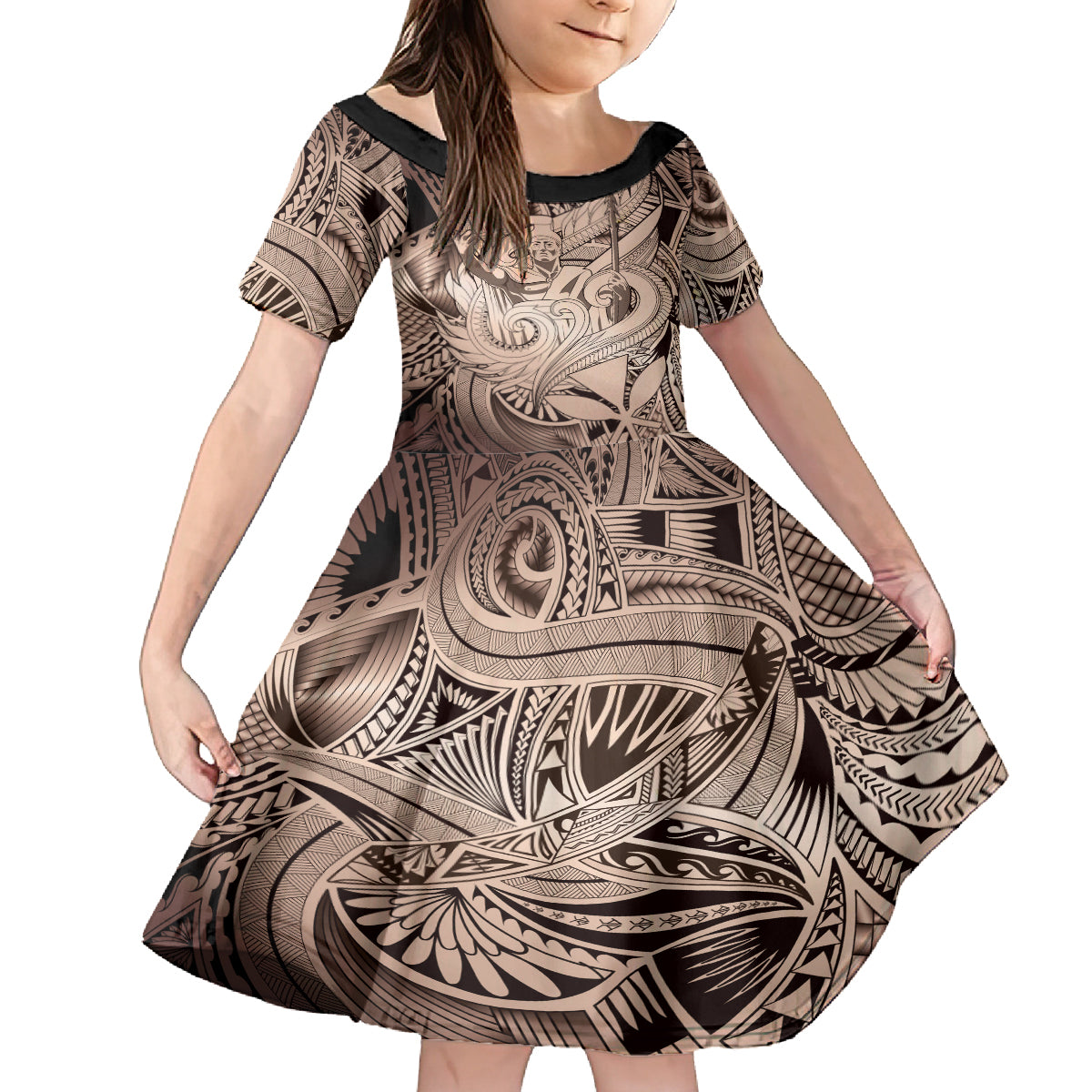 Personalised Aloha King Kamehameha Spirits Family Matching Long Sleeve Bodycon Dress and Hawaiian Shirt Beige Special LT9 Daughter's Dress Beige - Polynesian Pride