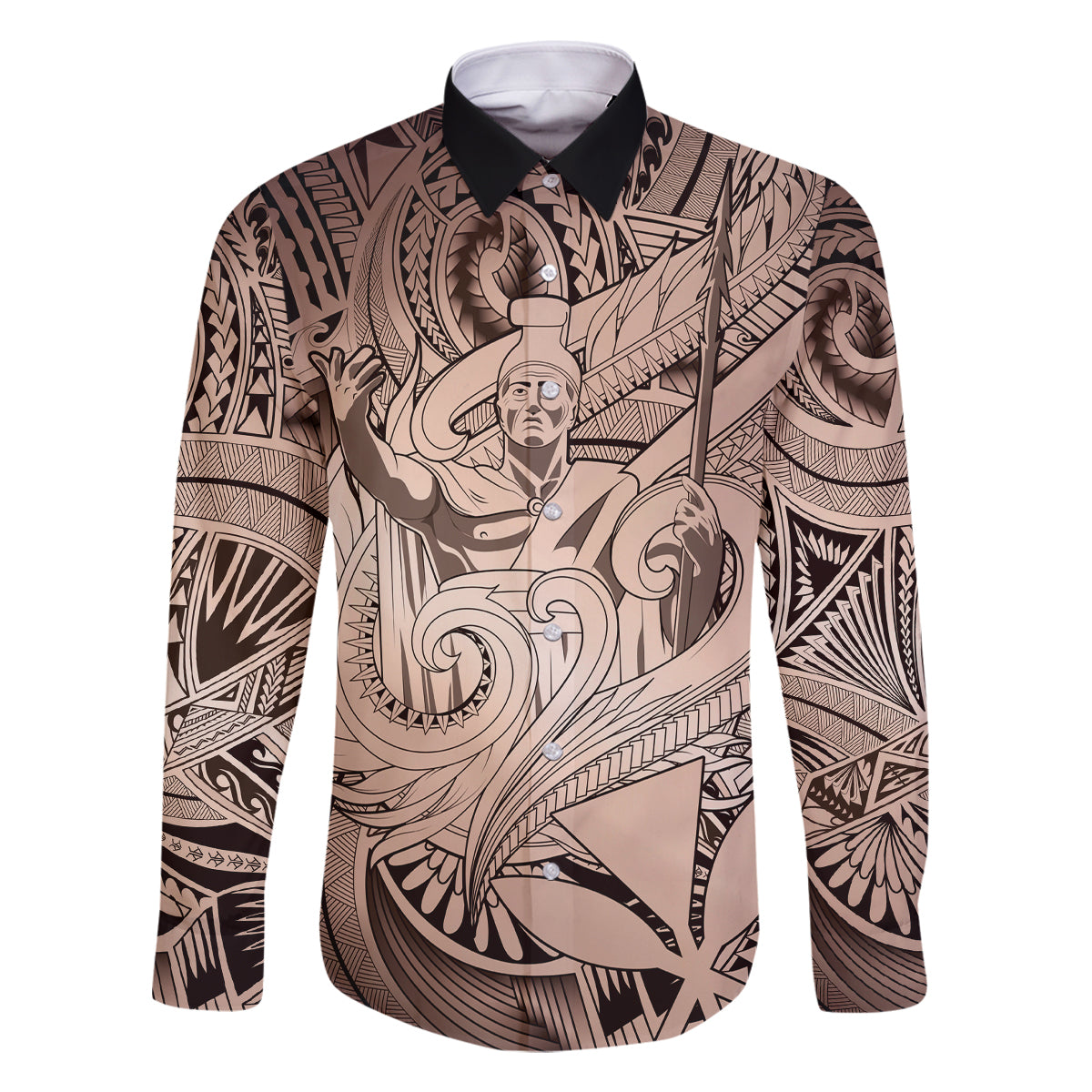 Personalised Aloha King Kamehameha Spirits Family Matching Long Sleeve Bodycon Dress and Hawaiian Shirt Beige Special LT9 Dad's Shirt - Long Sleeve Beige - Polynesian Pride