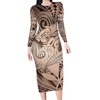 Personalised Aloha King Kamehameha Spirits Family Matching Long Sleeve Bodycon Dress and Hawaiian Shirt Beige Special LT9 Mom's Dress Beige - Polynesian Pride