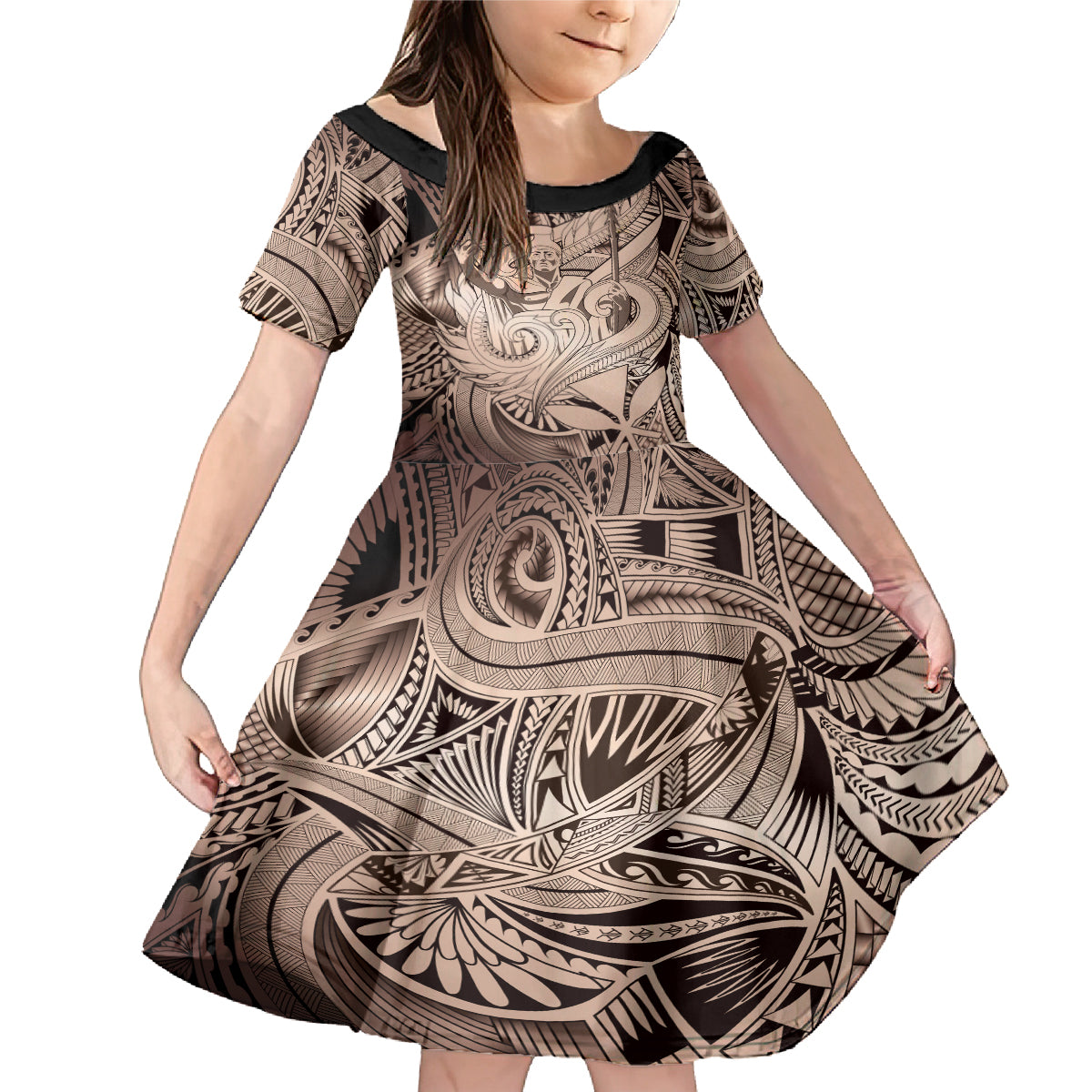 Personalised Aloha King Kamehameha Spirits Family Matching Mermaid Dress and Hawaiian Shirt Beige Special LT9 Daughter's Dress Beige - Polynesian Pride