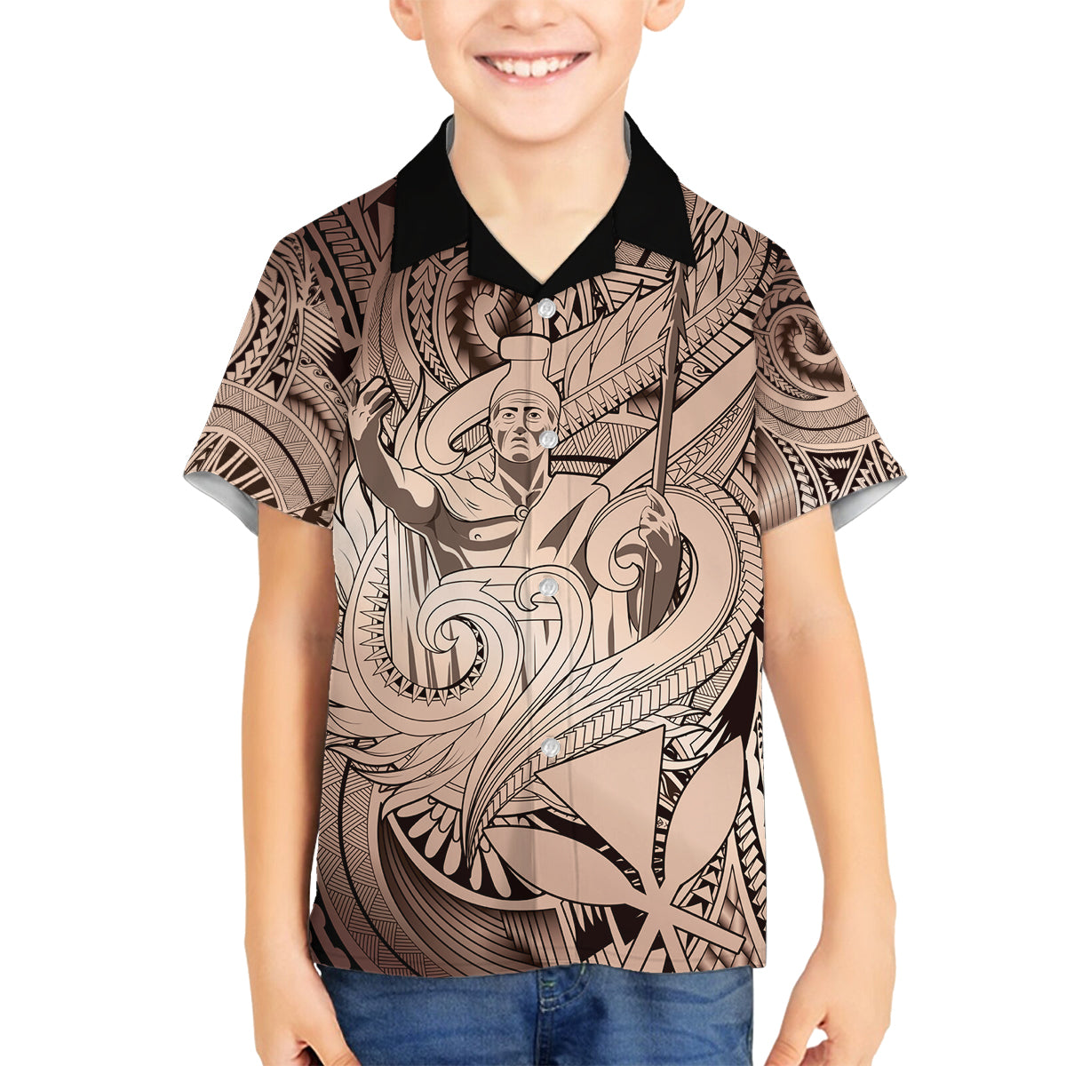Personalised Aloha King Kamehameha Spirits Family Matching Off Shoulder Long Sleeve Dress and Hawaiian Shirt Beige Special LT9 Son's Shirt Beige - Polynesian Pride