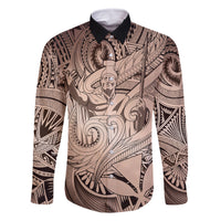 Personalised Aloha King Kamehameha Spirits Family Matching Off Shoulder Short Dress and Hawaiian Shirt Beige Special LT9 Dad's Shirt - Long Sleeve Beige - Polynesian Pride