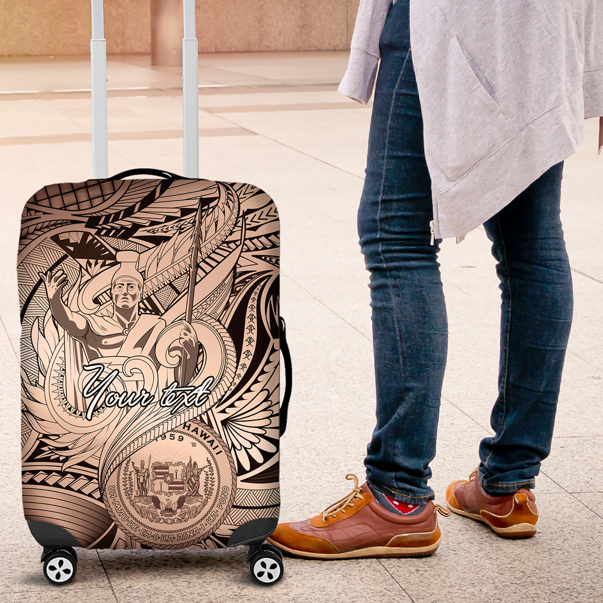 Personalised Aloha King Kamehameha Spirits Luggage Cover Beige Special LT9 Beige - Polynesian Pride