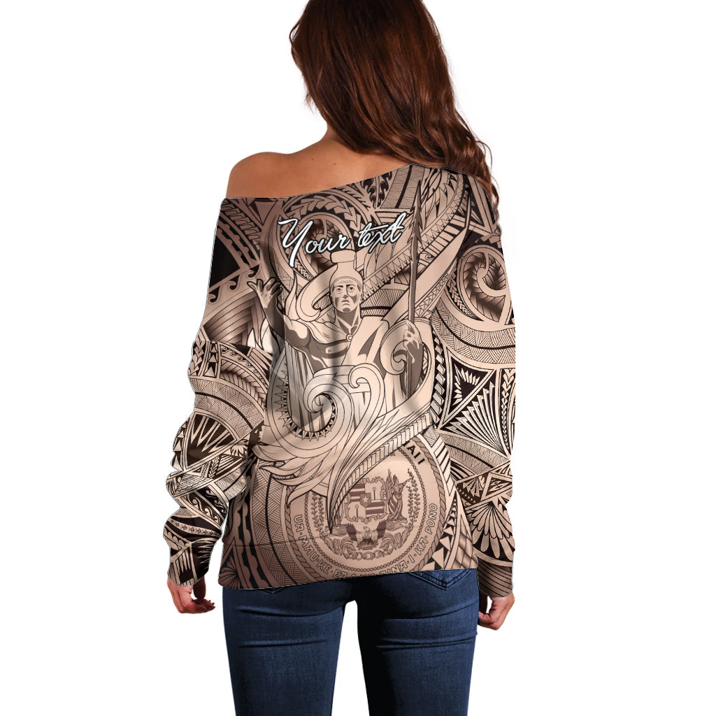 Personalised Aloha King Kamehameha Spirits Off Shoulder Sweater Beige Special LT9 - Polynesian Pride