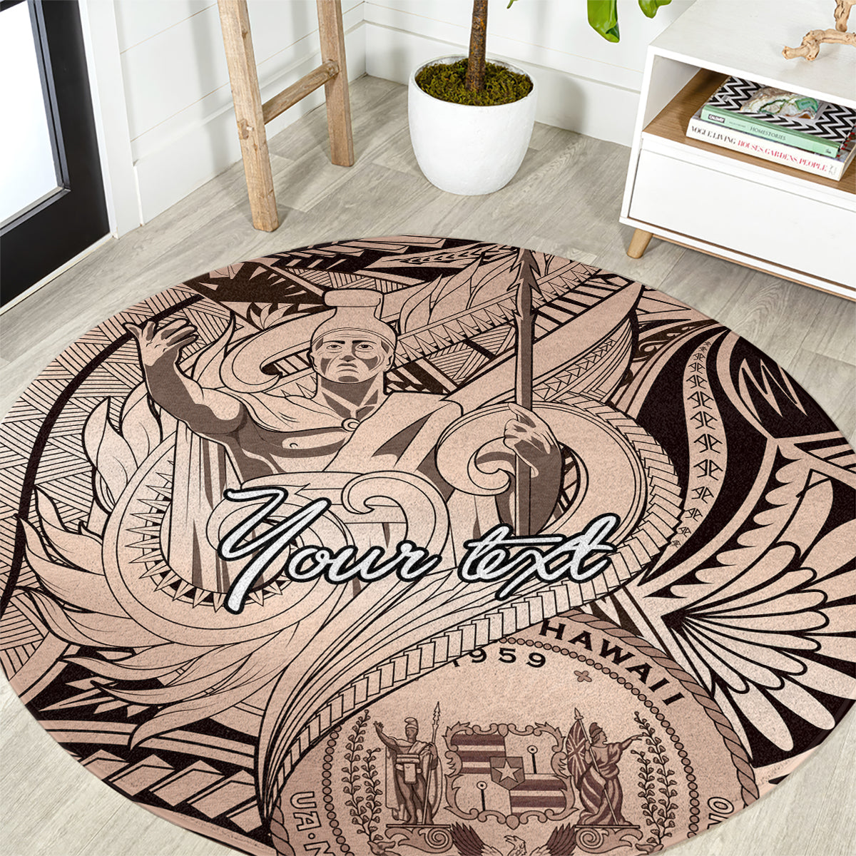 Personalised Aloha King Kamehameha Spirits Round Carpet Beige Special LT9 Beige - Polynesian Pride