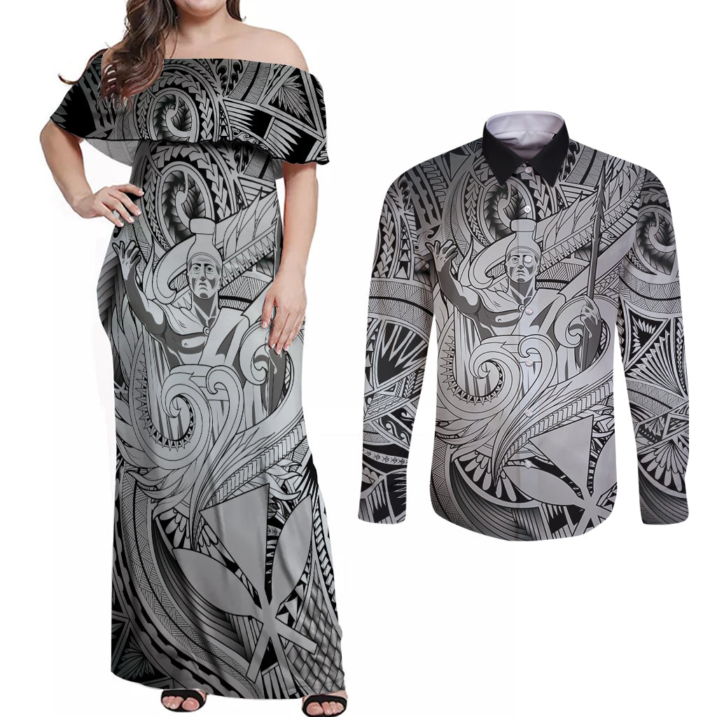 Personalised Aloha King Kamehameha Spirits Couples Matching Off Shoulder Maxi Dress and Long Sleeve Button Shirt Grey Special LT9 Grey - Polynesian Pride