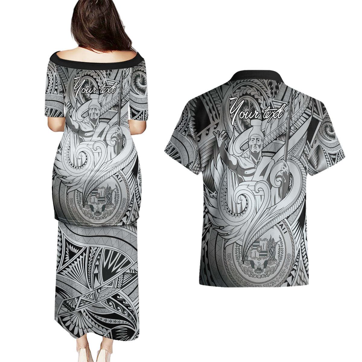 Personalised Aloha King Kamehameha Spirits Couples Matching Puletasi and Hawaiian Shirt Grey Special LT9 - Polynesian Pride
