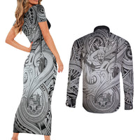 Personalised Aloha King Kamehameha Spirits Couples Matching Short Sleeve Bodycon Dress and Long Sleeve Button Shirt Grey Special LT9 - Polynesian Pride