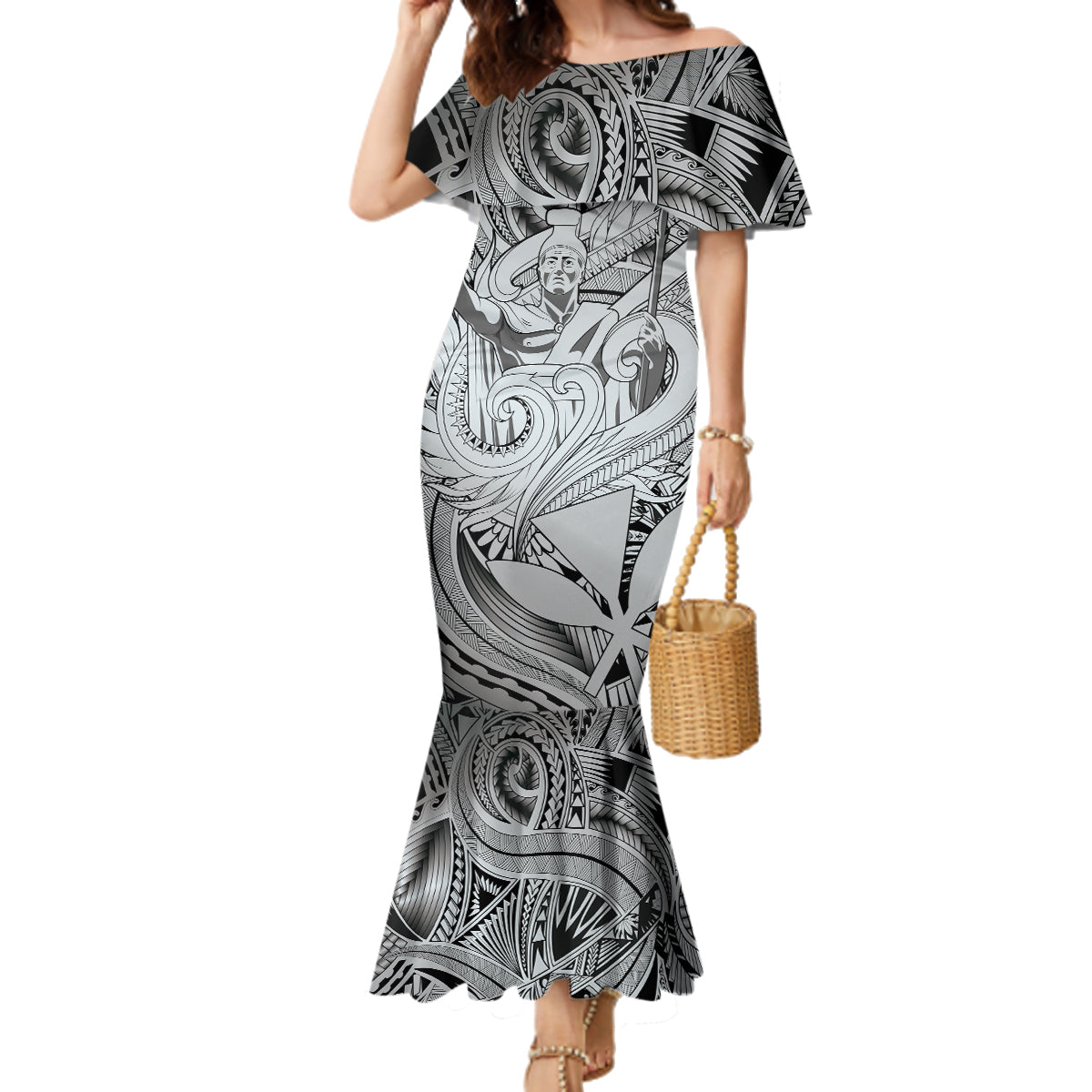 Personalised Aloha King Kamehameha Spirits Family Matching Mermaid Dress and Hawaiian Shirt Grey Special LT9 Mom's Dress Grey - Polynesian Pride