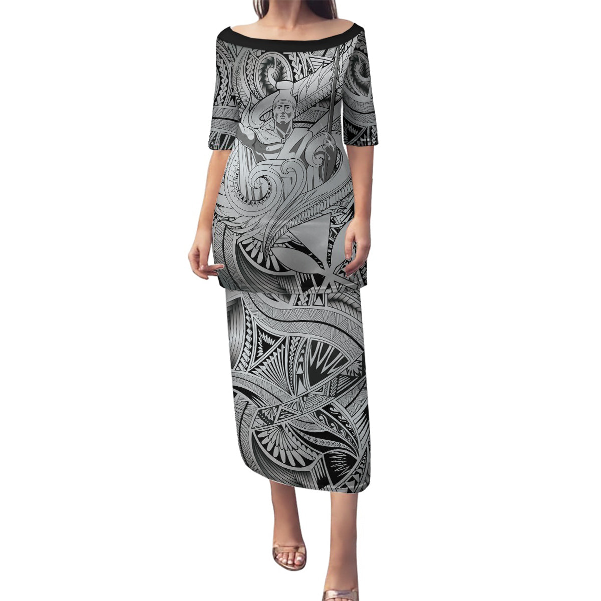 Personalised Aloha King Kamehameha Spirits Family Matching Puletasi and Hawaiian Shirt Grey Special LT9 Mom's Dress Grey - Polynesian Pride