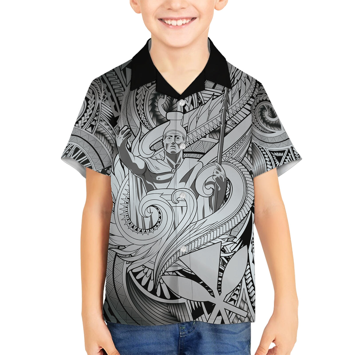Personalised Aloha King Kamehameha Spirits Family Matching Summer Maxi Dress and Hawaiian Shirt Grey Special LT9 Son's Shirt Grey - Polynesian Pride