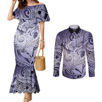 Personalised Aloha King Kamehameha Spirits Couples Matching Mermaid Dress and Long Sleeve Button Shirt Violet Special LT9 Violet - Polynesian Pride