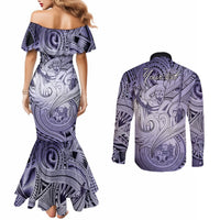 Personalised Aloha King Kamehameha Spirits Couples Matching Mermaid Dress and Long Sleeve Button Shirt Violet Special LT9 - Polynesian Pride